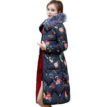 Both Two Sides Can Be Wore 2019 New Arrival Women Winter Jacket With Fur Hooded Long Padded Female Coat Outwear Print Parka