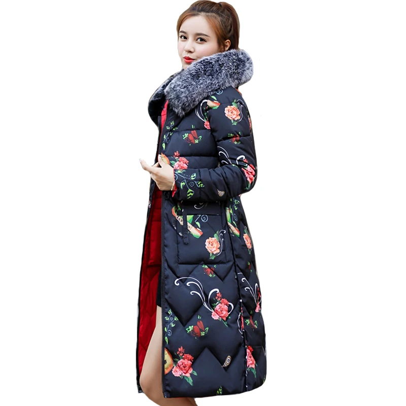 Skup Obie dwie strony można nosić 2019 New Arrival kobiety kurtka zimowa z futrem z kapturem długa wyściełana damski płaszcz znosić drukuj Parka
