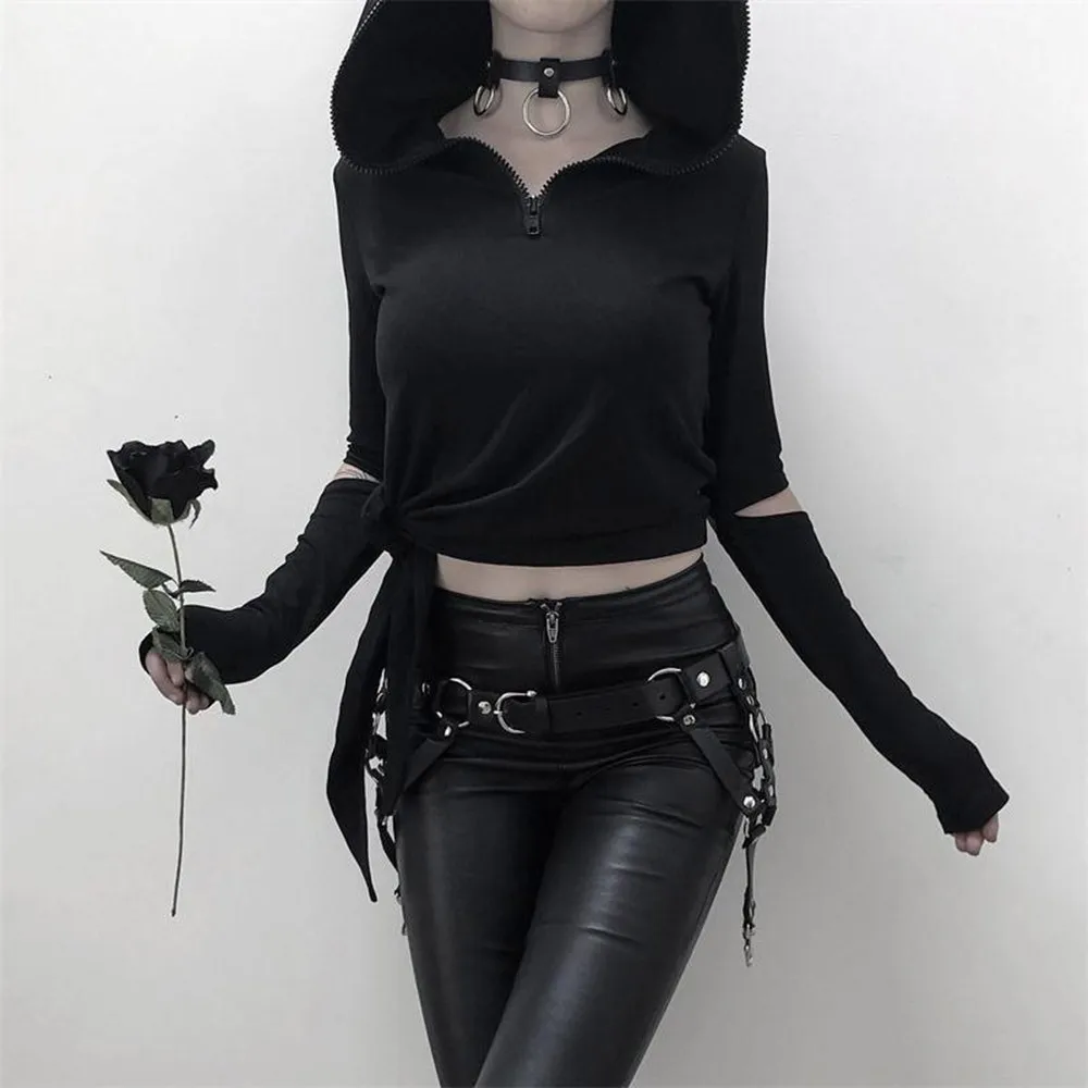 

2018 Fall Gothic Black Casual Punk Style Women Sweatshirts Slim Hooded Plain Hollow Lace-Up Girls Sexy Hot Female Hoodies
