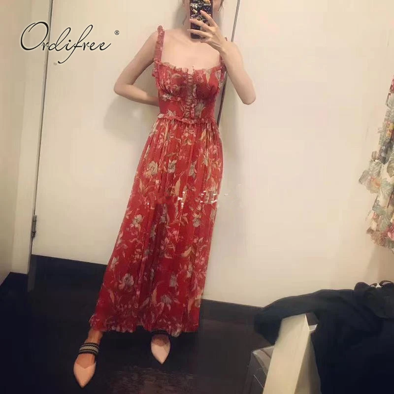 

Ordifree 2019 Summer Boho Red Floral Jumpsuit Rompers Wide Leg Pants Lace Up Long Overalls for Women Sexy Jumpsuit