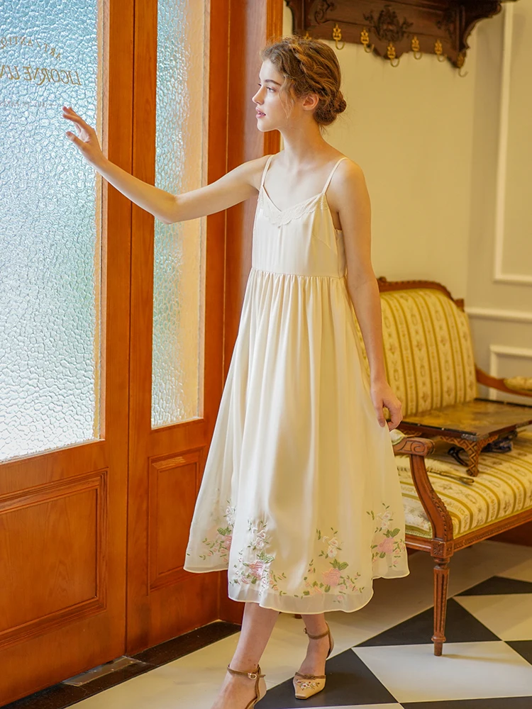 

LYNETTE'S CHINOISERIE Spring Summer Original Design Women Exquisite Embroidery French Mori Girls Vintage Spaghetti Strap Dresses