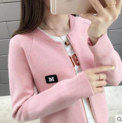 Women Cardigan New Fashion Autumn Casual Long Sleeve zipper Short Knitted Sweater Cardigan Coat For Women knit Jacket Tops - Цвет: Розовый