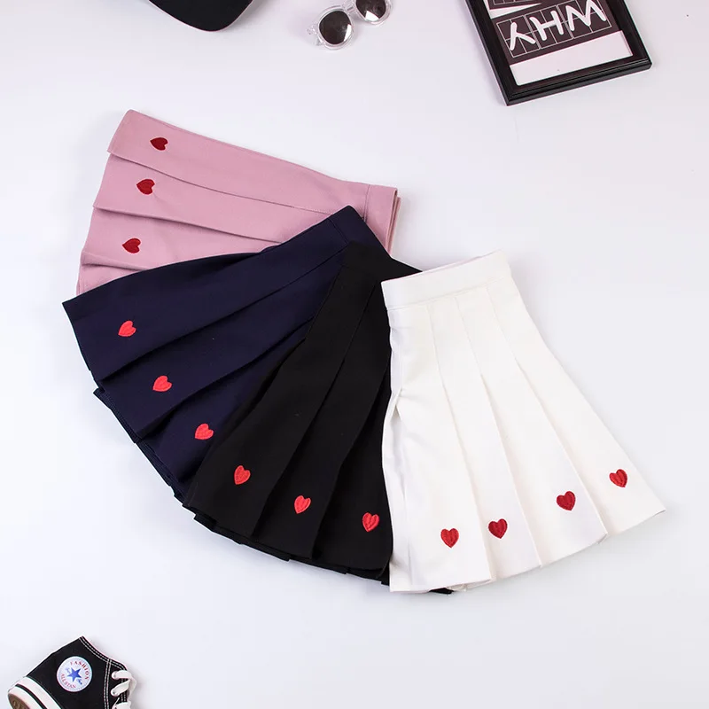 

2019 Hot Sale Preppy Style Women Cute Skirts Love Embroidery Pleated High Waist Skirt Student Female A-line Skirts