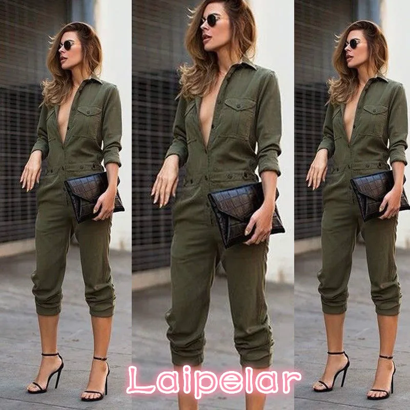 Mono ajustado de manga larga para mujer, traje Sexy de moda, verde militar, sólido, informal, Vintage, largo