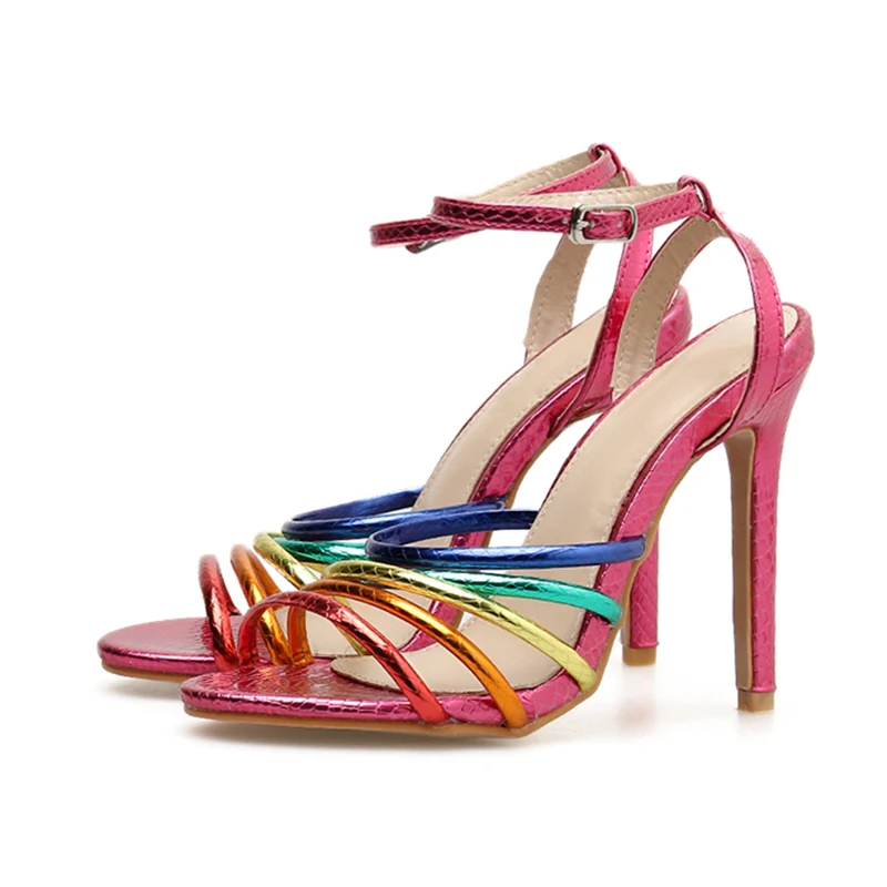 New Women High Heels Sandals Women Sparkly Shiny Rainbow Pumps Shoes Fashion Open Tow Mix Color Buckle Strap Party Pumps Zapatos