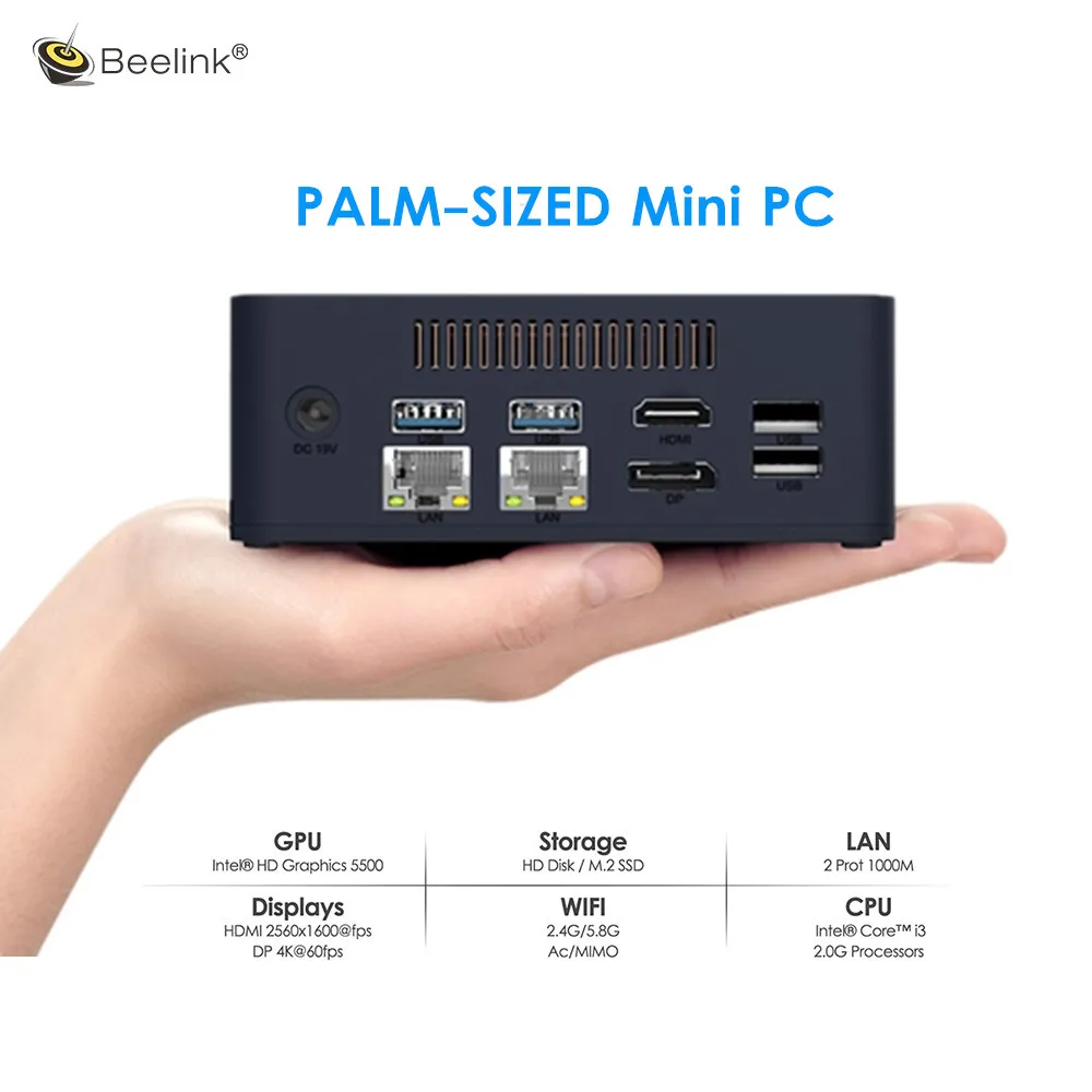 Beelink L55 мини-ПК размером с ладонь Windows 10 Intel Core i3 5005U 8 Гб DDR3 256/512 ГБ SSD 2,4 ГГц+ 5,8 ггц WiFi 1000 Мбит/с Bluetooth