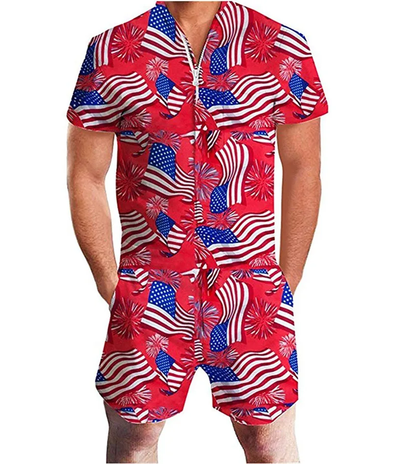 Men 3D Graphic One Piece Romper Men Casual Zipper Short Sleeve Summer Jumpsuit With Pocket Leopard Print Summer Beach Set - Цвет: men romper 7