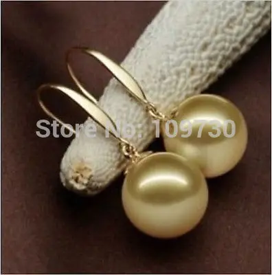

ry00401 AAA+14MM PERFECT ROUND GOLDEN SOUTH SEA SHELL PEARL DANGLE EARRING 14K
