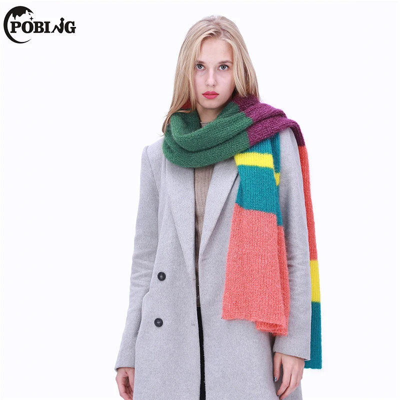 

POBING 2017 Rainbow Solid Winter Scarf Women Soft Warm Knitted Shawl Blanket Scarves Wraps Female Pashmina Bufandas Lady Capes