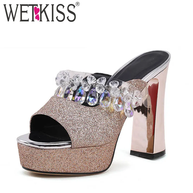 Estate Diapositives Peep Kiss Donna Pantofole Paillettes Bianco alti Crystal Wet Zeppe Oro Toe Shoes Trend Tacchi Donna Ciabatte wqfRgZw
