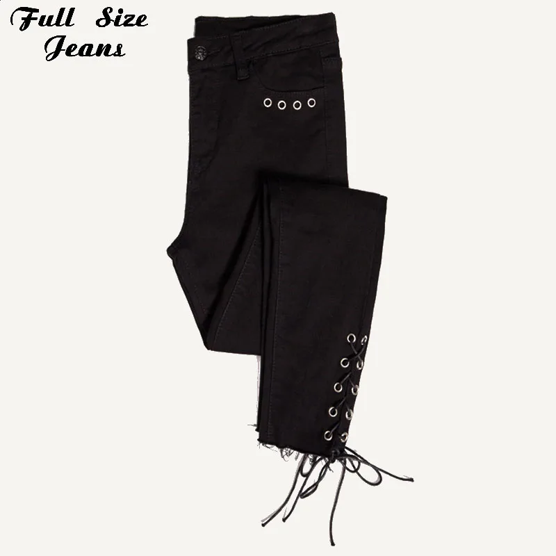 

Plus Size Lace Up Side Hem Fringe Tassel Capris Pencil Jeans 3XL 5XL Low Waist Stretch Skinny Black Jeans Sexy Denim Pants