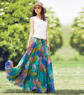Сделанная на заказ летняя шифоновая юбка с принтом Женская эластичная юбка макси с высокой талией юбка с большим низом с голубыми цветами А-силуэта для женщин - Цвет: 4