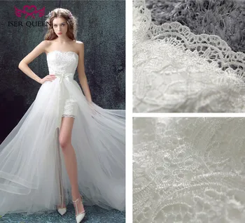 

Off Shoulder Fashion Two In One Beach Wedding Dress Lace Embroidery Detachable Tail Short Wedding Dresses WX0088