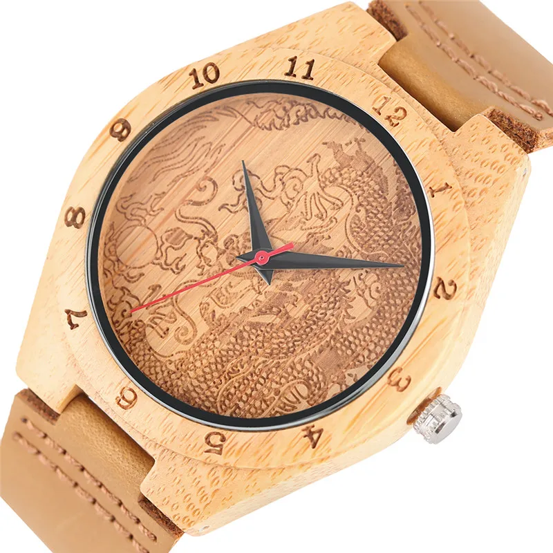

2017 New Arrival Unique Dragon Dial Men Wrist Watch Gift Luxury Bamboo Top Nature Handmade with Genuine Leather Strap Best Gifts