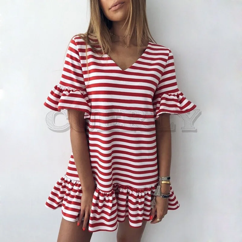 

Cuerly Striped Beach Summer Dress Women Sexy V Neck Flare Sleeve Mini Dresses 2019 Fashion Short Sleeve Ruffle Dress Vestidos