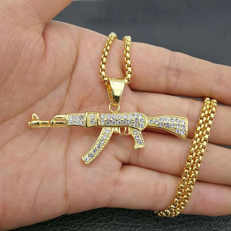 

Hip Hop Rhinestones Paved Bling Iced Out Gold Silver Color Stainless Steel AK 47 Gun Pendants Necklace for Men Rapper jewelry