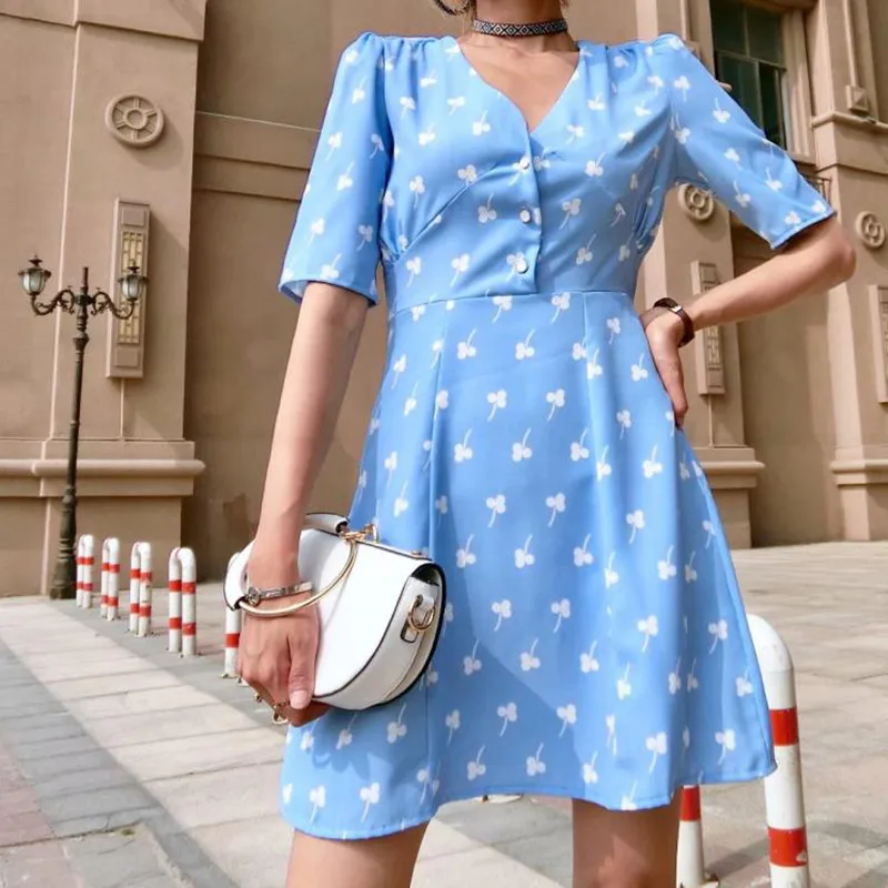 yinlinhe Light Blue V neck Summer Dress Short Sleeve Slim Elegant Women Dress Button Fashion Ladies Ruffles Vestido    5