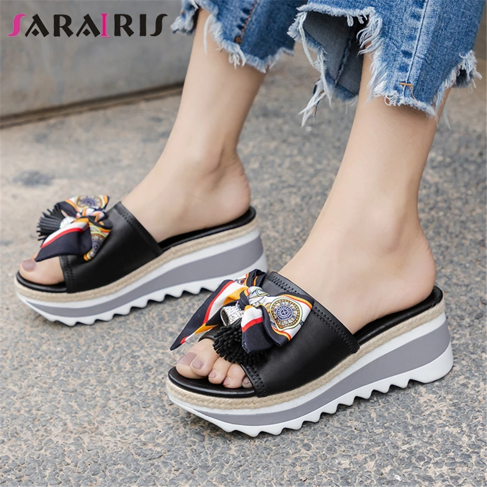

SARAIRIS Brand New women's Genuine Leather Ladies Wedges High Heels Bowtie Shoes Woman Casual Outside Summer Slippers