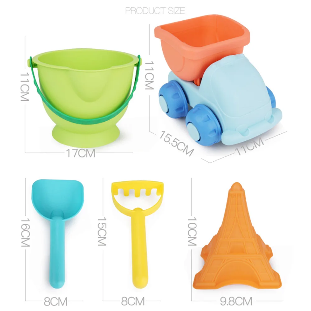 Best  5pcs soft silicone beach sand toys for children SandBox Set Sea sand bucket Rake play and fun Shove