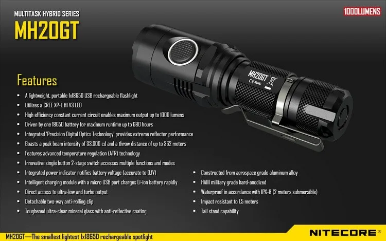 Распродажа! NITECORE MH20GT перезаряжаемый 7 режимов 1000LMs XP-L HI V3 светодиодный водонепроницаемый фонарик без батареи 18650