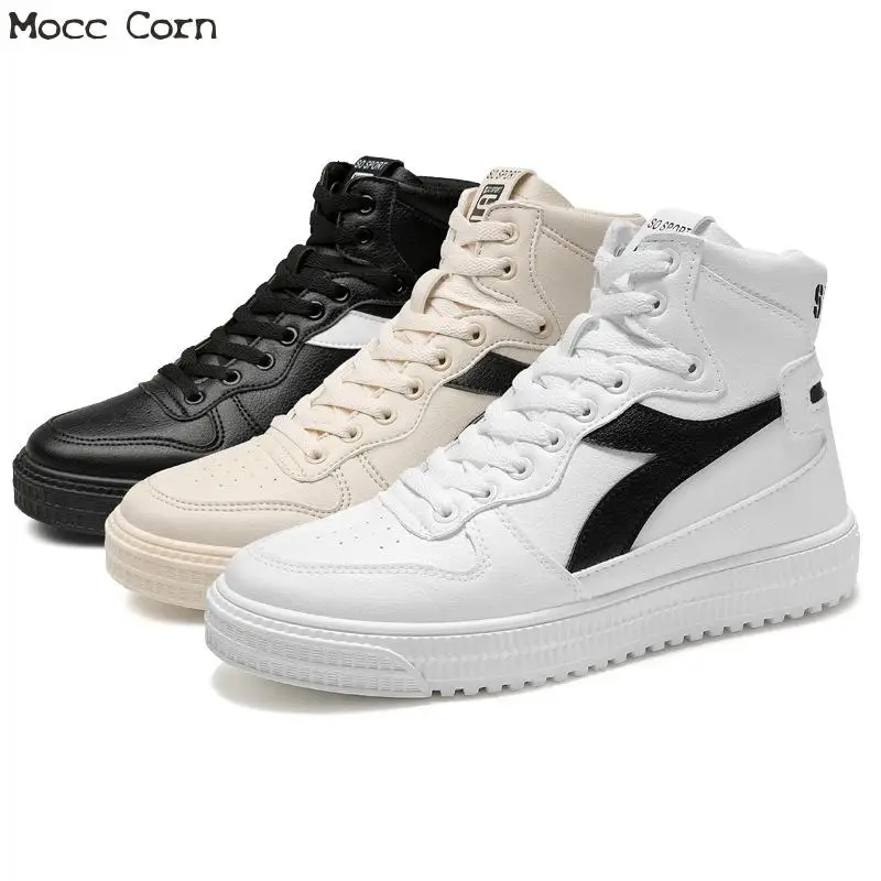 

Autumn Winter Men High Top Leather Sneakers Boot Breathable Black White Lace Up Casual Flat Sneaker Fashion Male Tennis Shoes