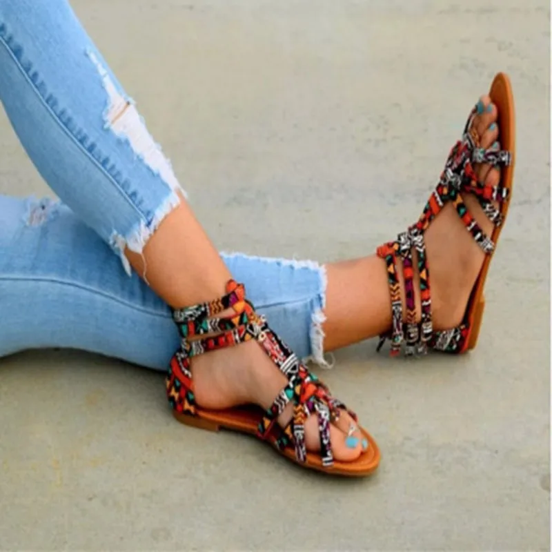

HEFLASHOR Bohemian Women Sandals Flat Beach Shoes Summer Gladiator Roman Boho Colorful Female sandalias mujer 2019