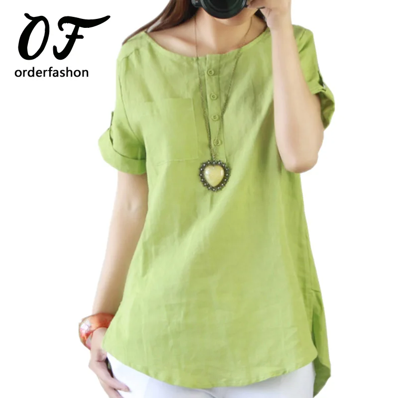 Vetement Femme 2016 Green Shirt Women Cotton Linen Blouse