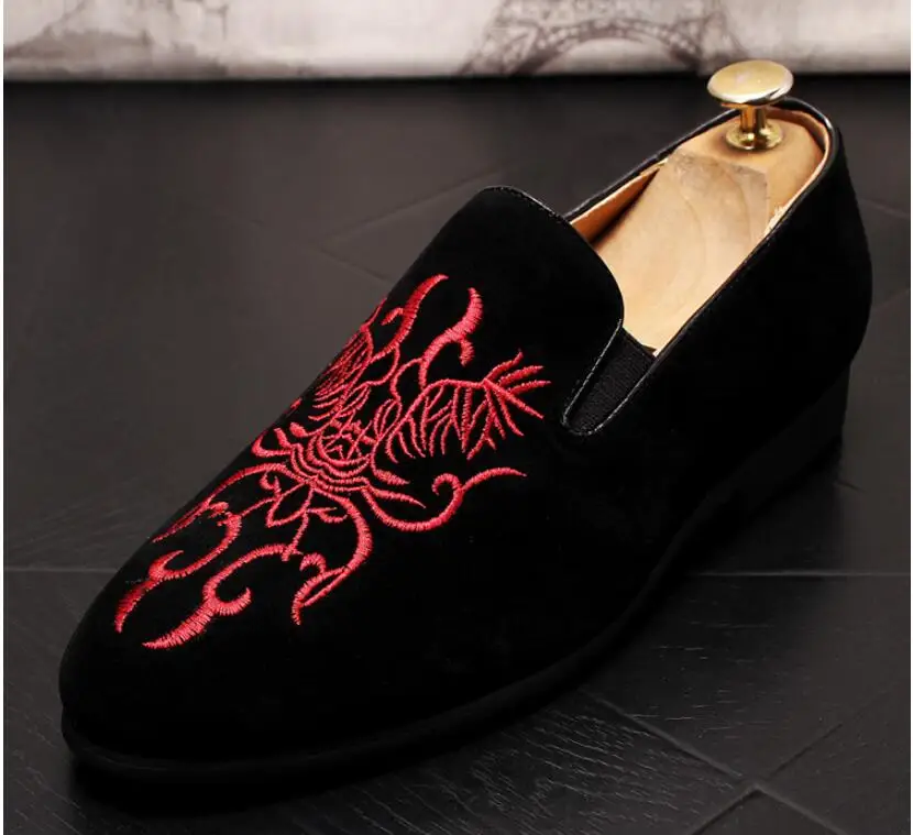 New Preto Para Mocassins Vermelho Mens E Sapatos Requintado Suede Festa vermelho Preto Casamento Baixos Homens Bordado Black Vestido Rgw6Rar