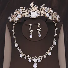 Модный винтажный комплект свадебных ювелирных изделий с золотыми кристаллами в форме листа, женские Стразы, корона, ожерелье, серьги, свадебный комплект ювелирных изделий