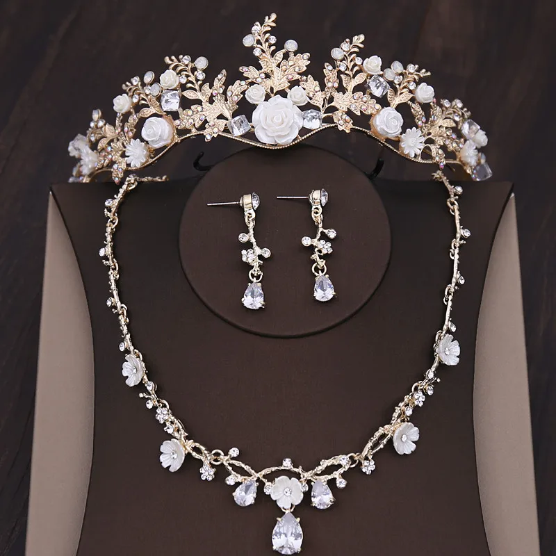

Fashion Vintage Gold Crystal Leaf Bridal Jewelry Sets Women Rhinestone Pageant Prom Crown Necklace Earrings Wedding Jewelry Set
