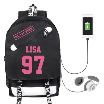 

Korean Kpop Blackpink Lisa JISOO JENNIE USB Charging Laptop Backpack Canvas Women Back pack Large Travel Bagpack Fashion Rugzak
