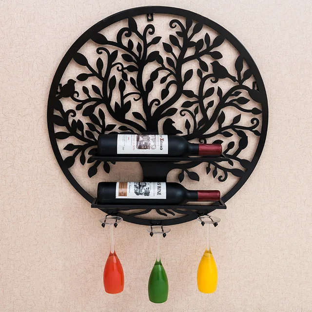 Round Metal Wine Rack Goblet Hanging Decorative Glass Bar Room Art Wine