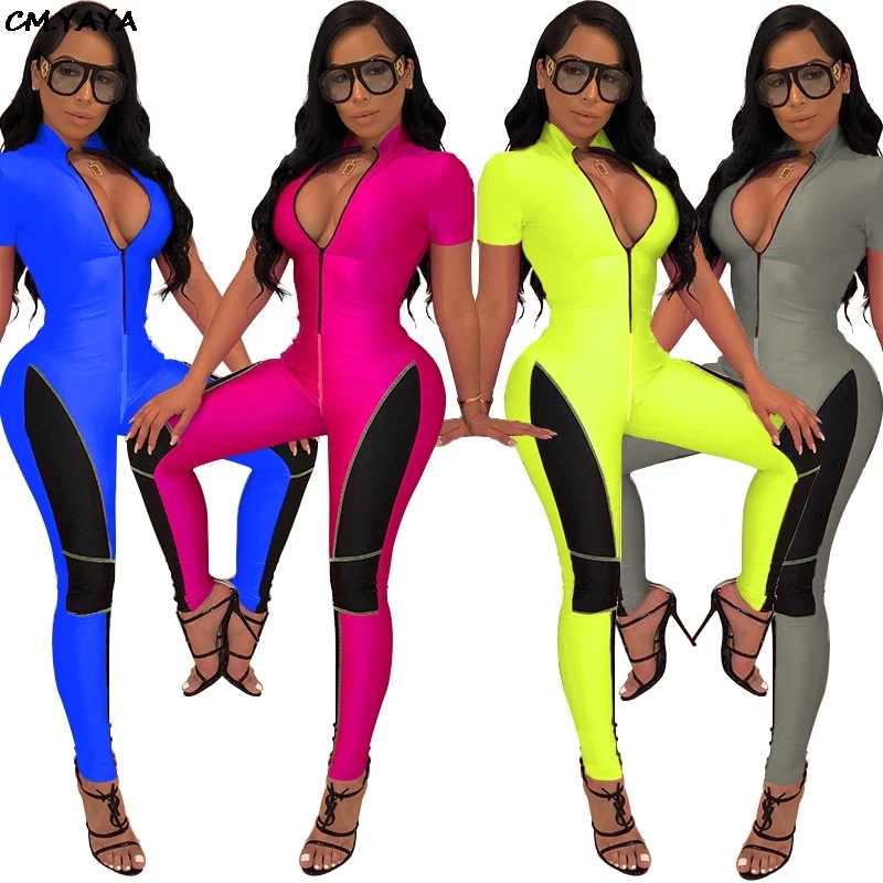 

2019 women new summer short sleeve bodycon skinny patchwork zipper up moto biker jumpsuit sporty romper playsuit outfit H3212