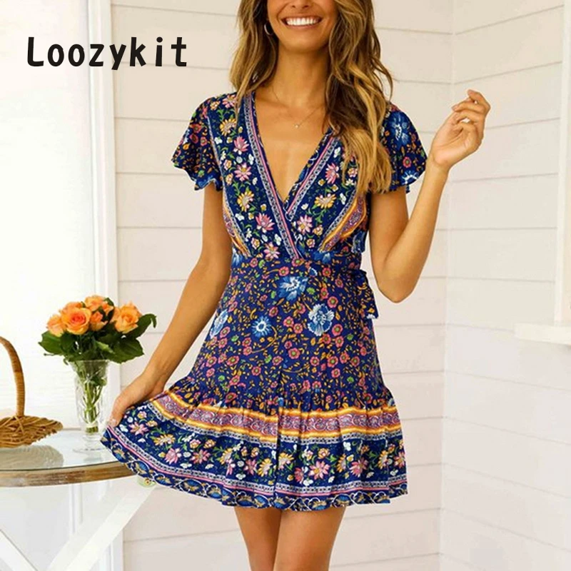 

LOOZYKIT Sexy Ruffles Wrap Mini Dress Summer V Neck High Waist Dresses Women Flower Printing Vestidos Bohemia Tie Up robe femme