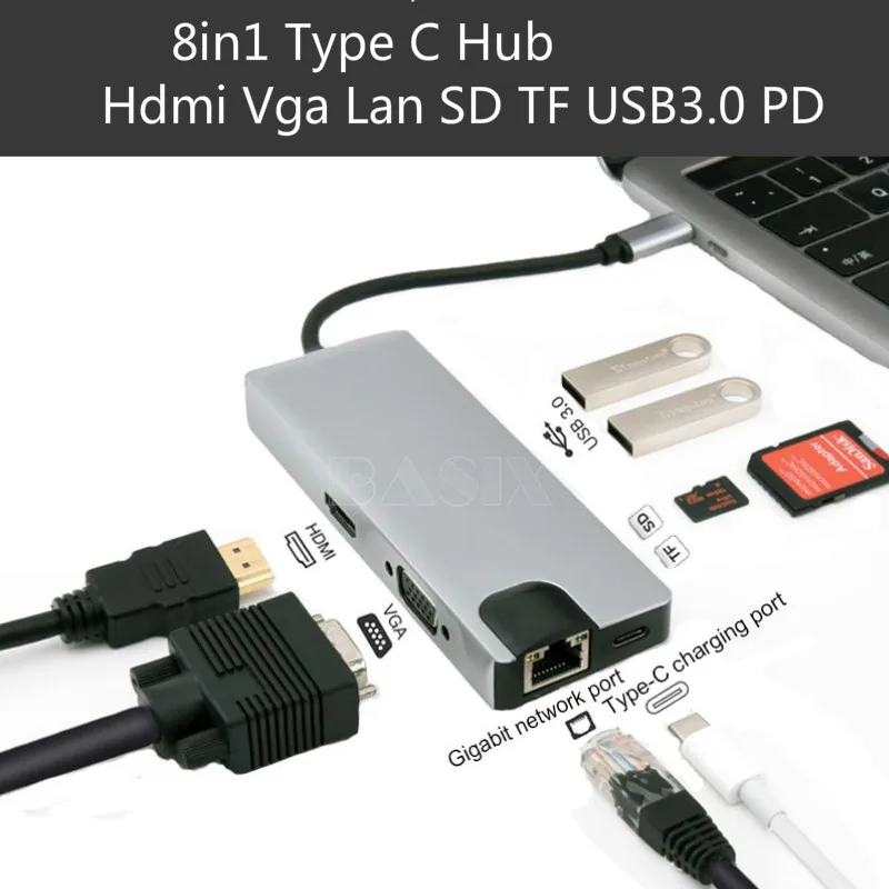 Basix type C концентратор HDMI VGA кабель Gigabit Ethernet Lan RJ45 адаптер для Macbook Pro USB 3,0 PD порт кардридер USB-C концентратор