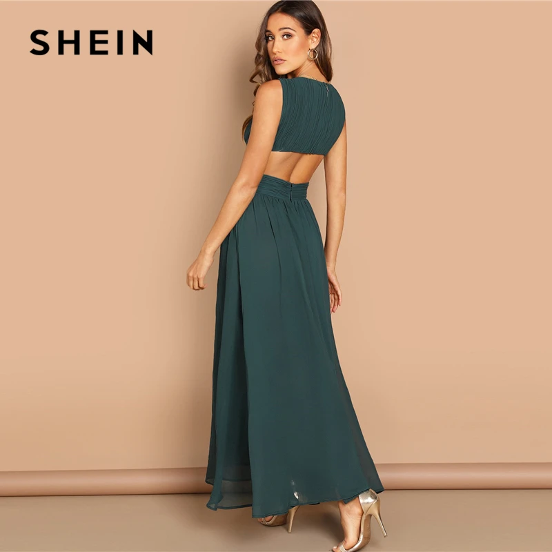 SHEIN Однотонное Платье С Глубоким V-Образным Вырезом Женское Голубое Элегантное Платье Без Рукавов С Открытой Спиной