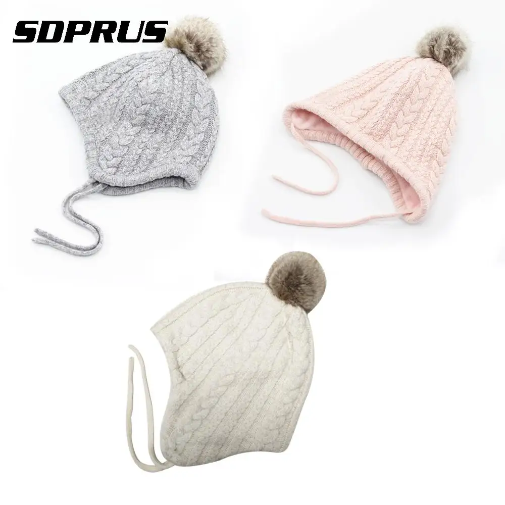 

Baby Toddler Newborn Kids Cute Wool Knit Autumn Winter Warm Thickened Earflap Hairball Twist Hat Cap Beanie Cap Girl Boy