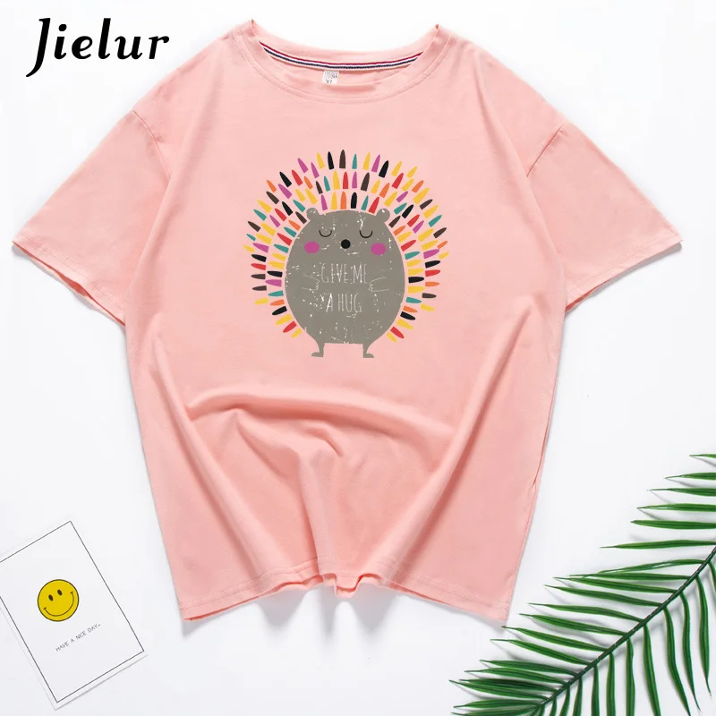 Jielur корейский стиль Ежик печатных Kawaii Футболка белая Базовая футболки хлопок для
