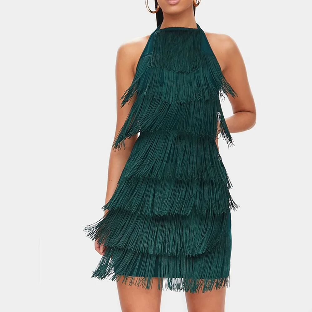 Women Dress Summer Sexy Short Tassels Halter Bodycon Sleeveless Backless Dress Women Gatsby Fringe Flapper Party Robe Femme