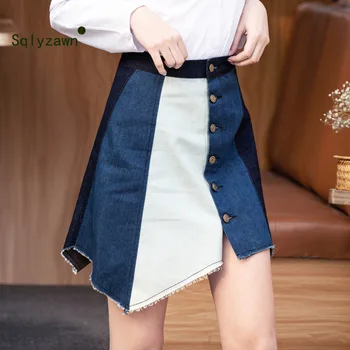 

Female Irregular Contrast Color One-piece Denim Skirt Large Size Women A-Line Jeans Skirt High Waist Saias Cowboy Denim Skirts