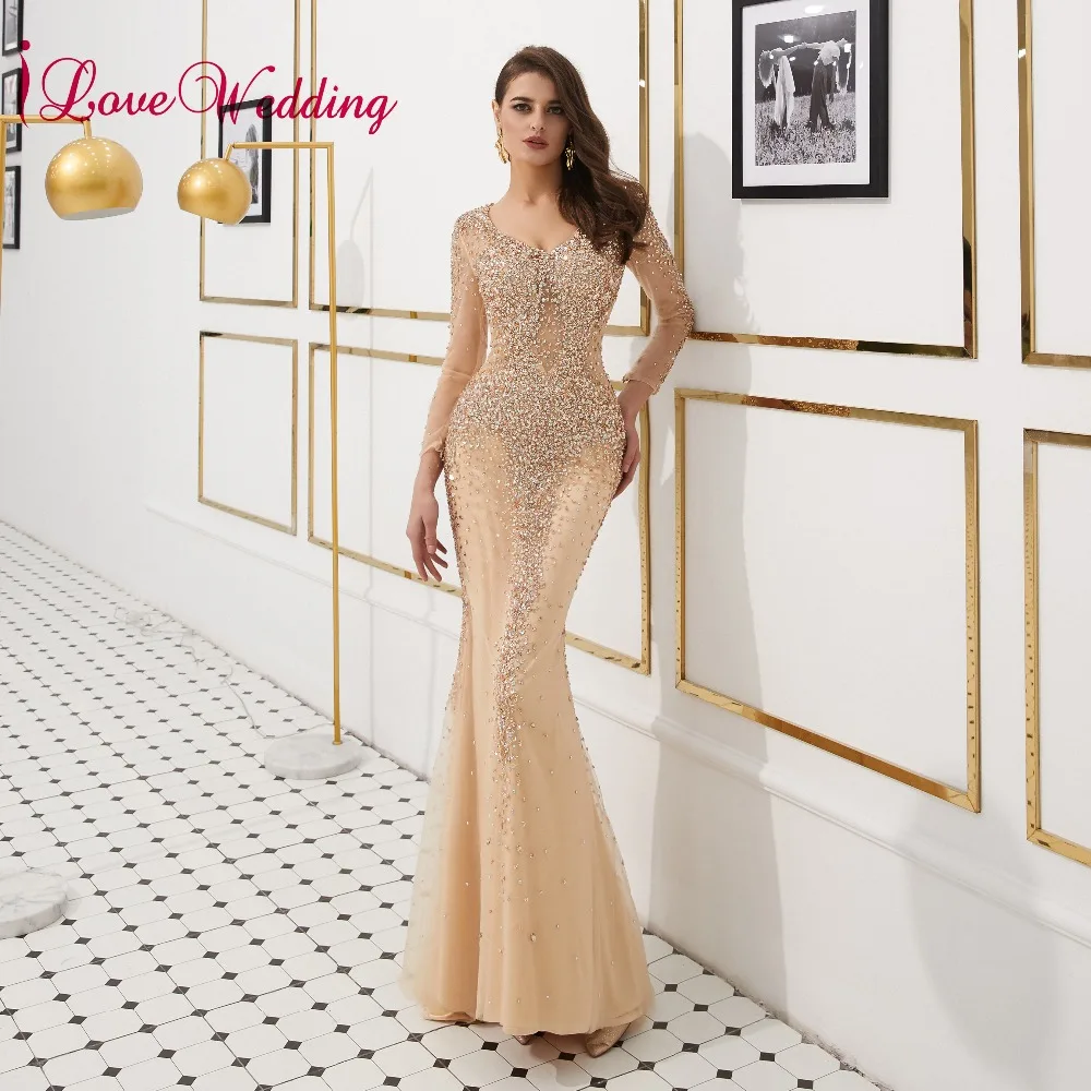 ILoveWedding сексуальный v образный Вырез Роскошные золотые с отделкой бисером на