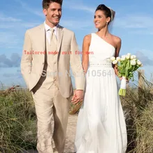 Новое поступление, Двухкнопочный мужской бежевый смокинг с отворотом, красивый костюм на свадьбу, костюм на выпускной(пиджак+ брюки+ жилет+ галстук