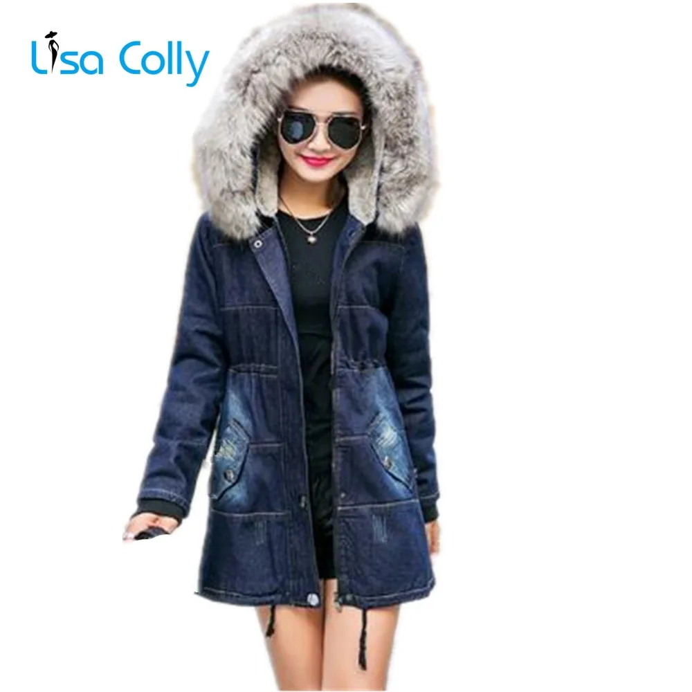 

Lisa Colly Women Winter Coat Jacket Long Jean Coat With Hooded Women blue Denim Jackets Overcoat Ladies Thick warm Outwear
