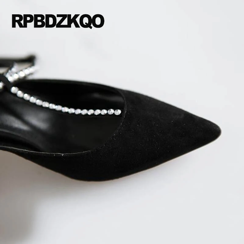 замша Slingback 9 Bling черный женщин Остроконечные большой размер лето плоские горный