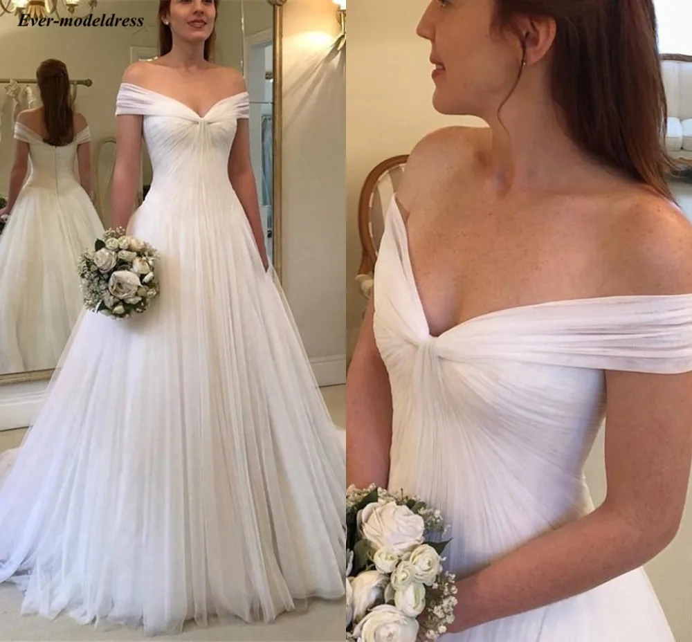 

2019 Off Shoulder Wedding Dresses Bridal Gowns Plus Size A-Line Sweep Train Tulle Pleats Customized Elegant Robe De Mariee
