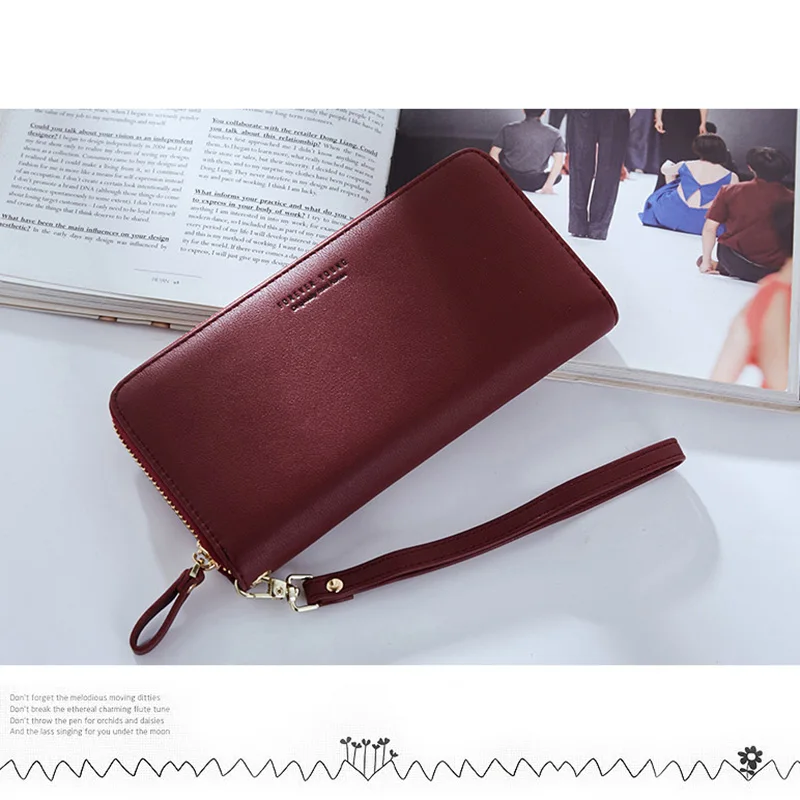 Wrist Band Women Long Clutch Wallet Large Capacity Wallets Female Purse Lady Purses Phone Pocket Card Holder Bag Wine Red