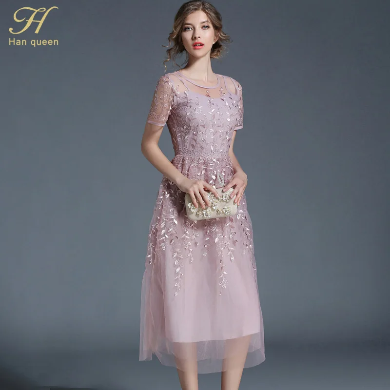 

H Han Queen Women new 2018 Summer mesh Dress High-End Ladies O-Neck stitching Fashion Elegant Female Slim Sexy Dresses