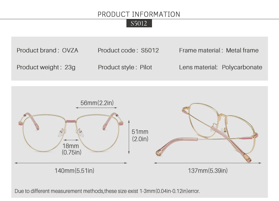 OVZA Fashion Gold Glasses with Transparent Women Glasses Frame Optical Pilot Eyeglassese Frames Men Metal High Quality S5012