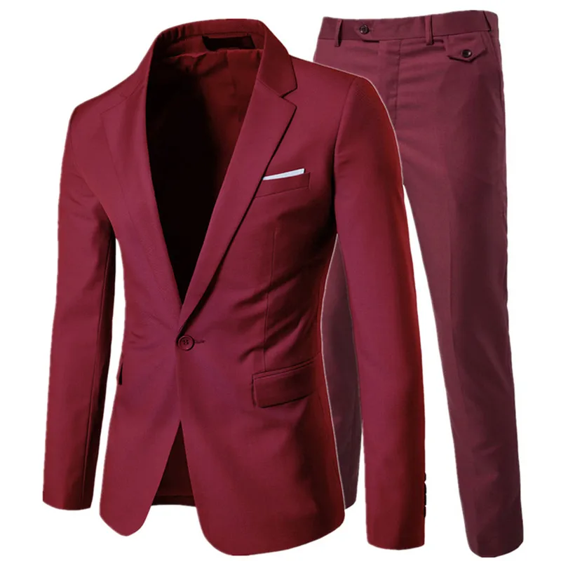 Роскошный мужской костюм из 3 предметов, мужской свадебный тонкий повседневный деловой мужской костюм, Большой размер, Мужская праздничная одежда, платье жениха, S-6XL - Цвет: wine Red 2 pieces