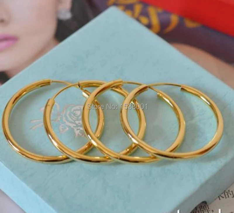 2 пар/лот, простые Стильные женские гладкие серьги-кольца с желтым золотом 30 мм